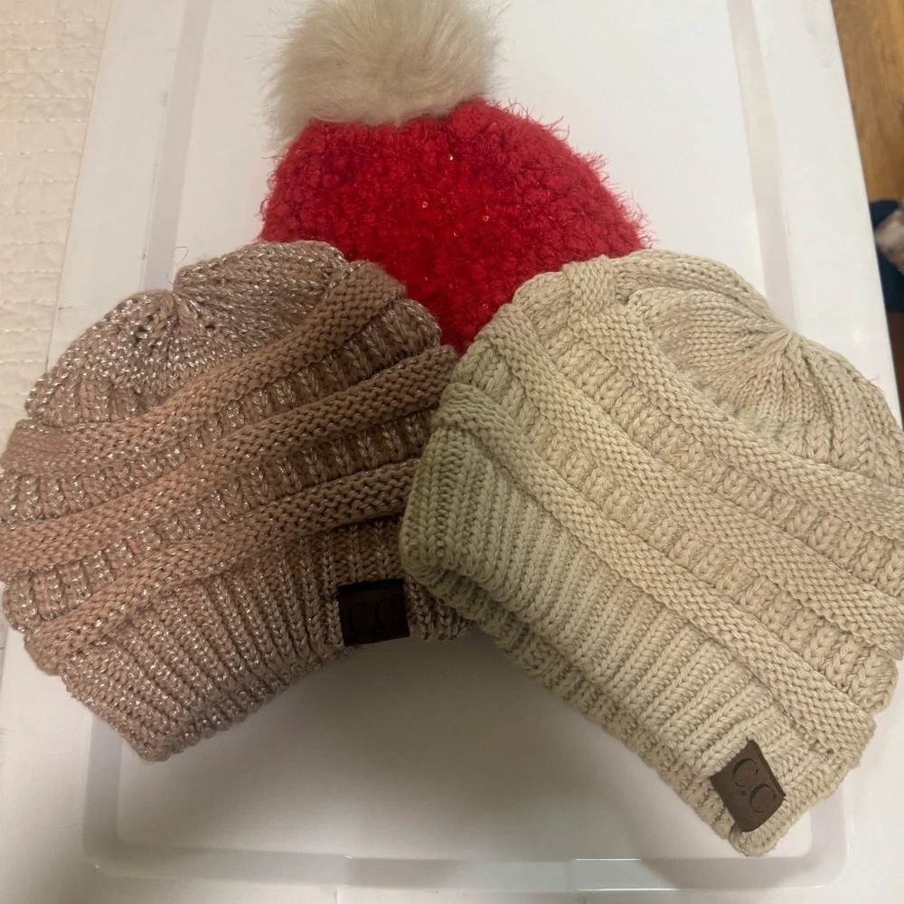 C.C Beanie Hat Bundle 3 Knit Winter Hats Pom Cable Ribbed
